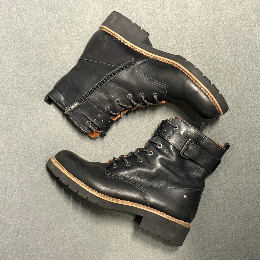 Pikolinos Vicar Leather Combat Boots 38 Black Studded Buckle Ankle Womens